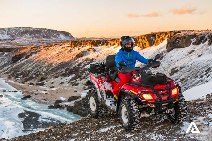 winter sunset mountain quad biking