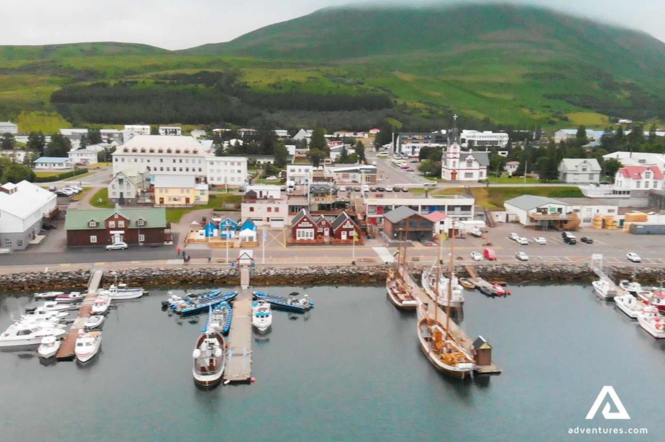 small boats in husavik town in north iceland