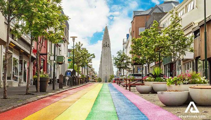 rainbow road towards hallgrimskirkja church