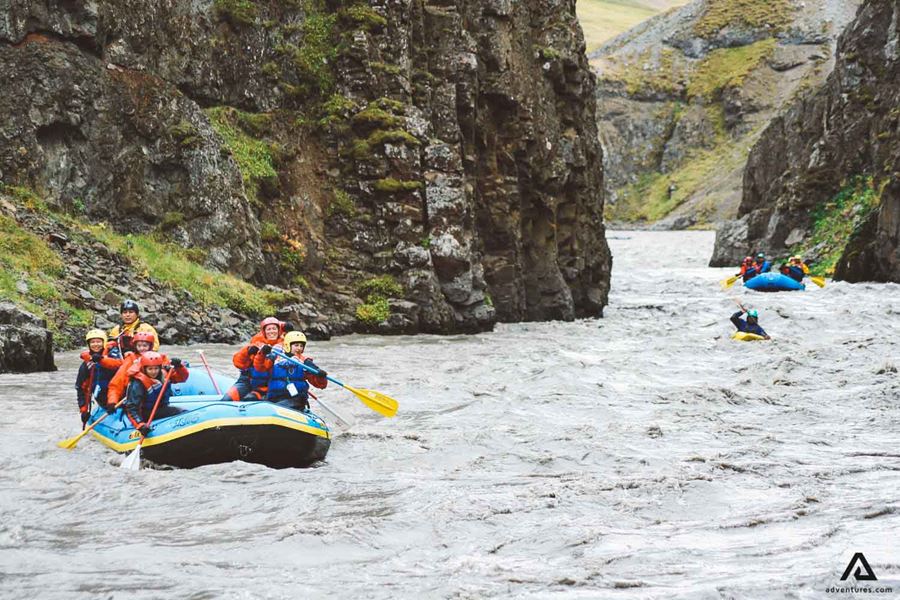 Two Boats And Kayak Rafting Glacial River in Iceland