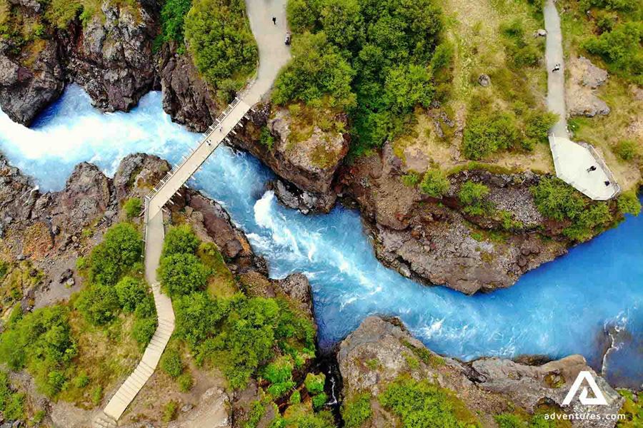 barnafossar waterfall aerial view