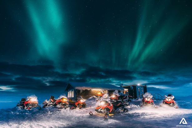 Snowmobiling basecamp at night