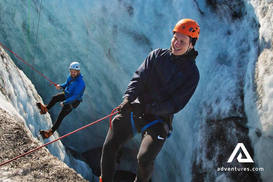 Excited Man Ice Climbing