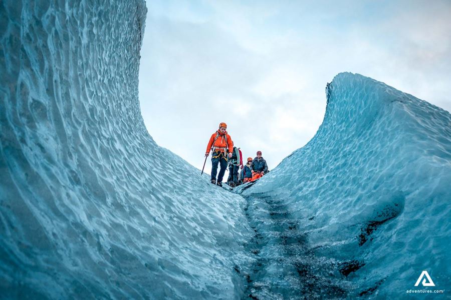 walking down glacier steps