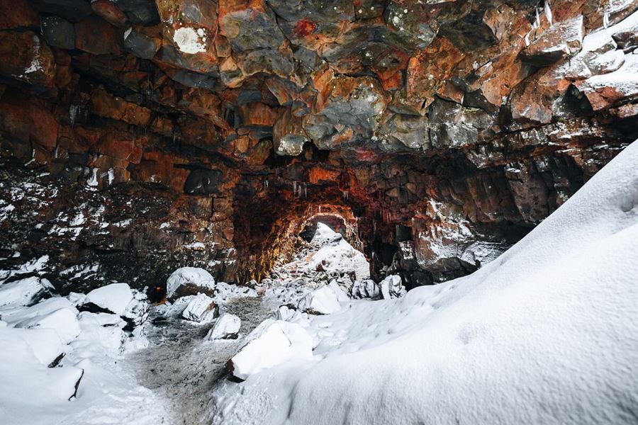 Lava Tunnel In Winter In Iceland