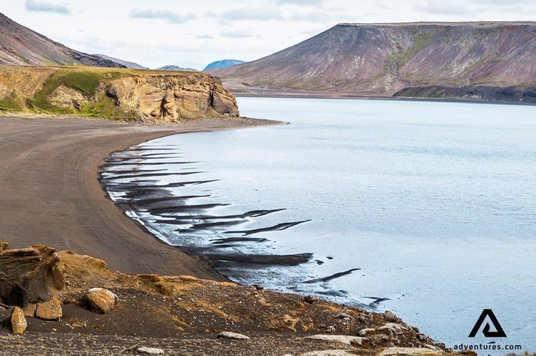 black sand beach at kleifarvatn lake