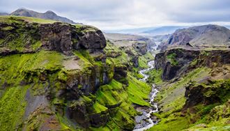 thorsmork mossy river valley in the highlands