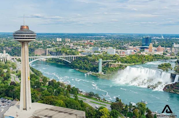 skylon tower and niagara falls aerial view