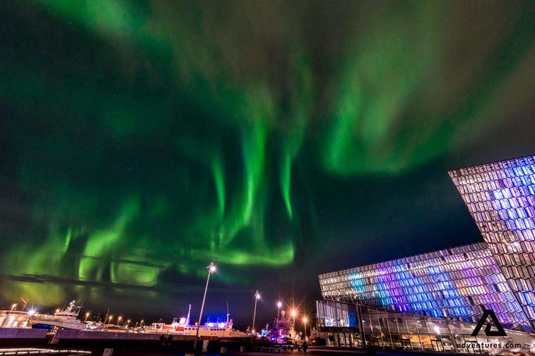 northern lights above harpa building