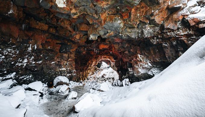 Lava Tunnel In Winter In Iceland