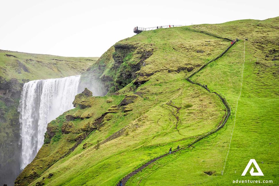 stairs leading to the top of skogafoss waterfal viewing platform