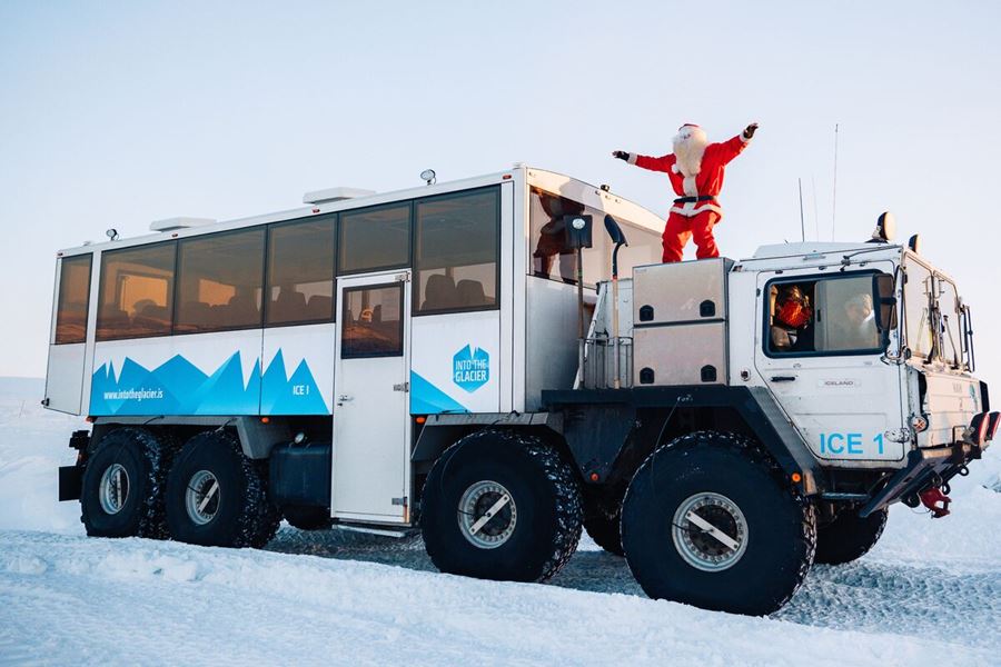 Yule Lad Atop Glacier Monster Truck in iceland