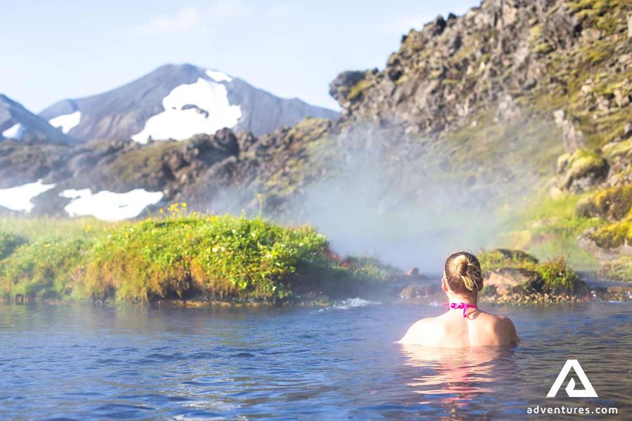 woman bathing in landmannalaugar