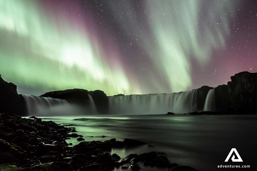 northern lights above godafoss