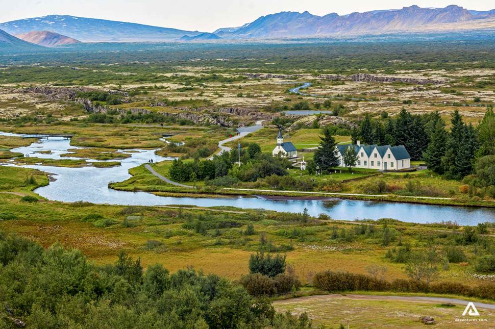 houses and a small church in thingvellir national park in iceland