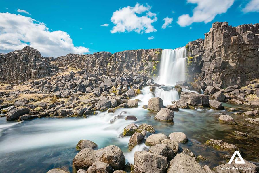 oxararfoss waterfall in summer