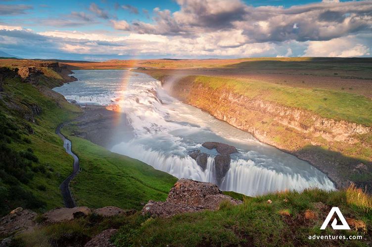 Gullfoss waterfall on sunset aerial view