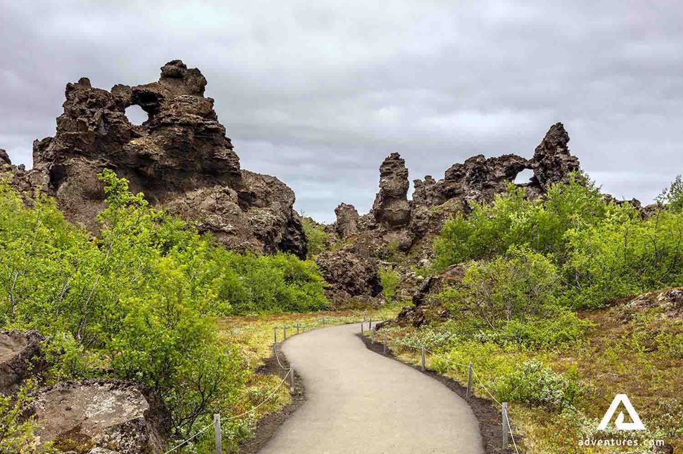 a walking path near dimmuborgir in north iceland
