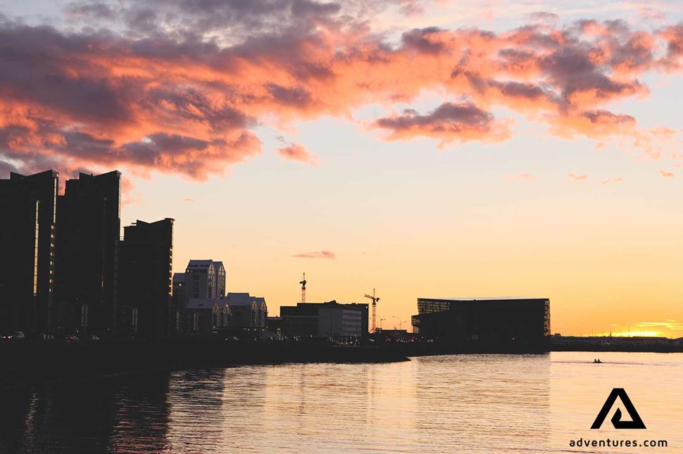 Midnight Sun Summer Reykjavik Buildings Ocean in Iceland